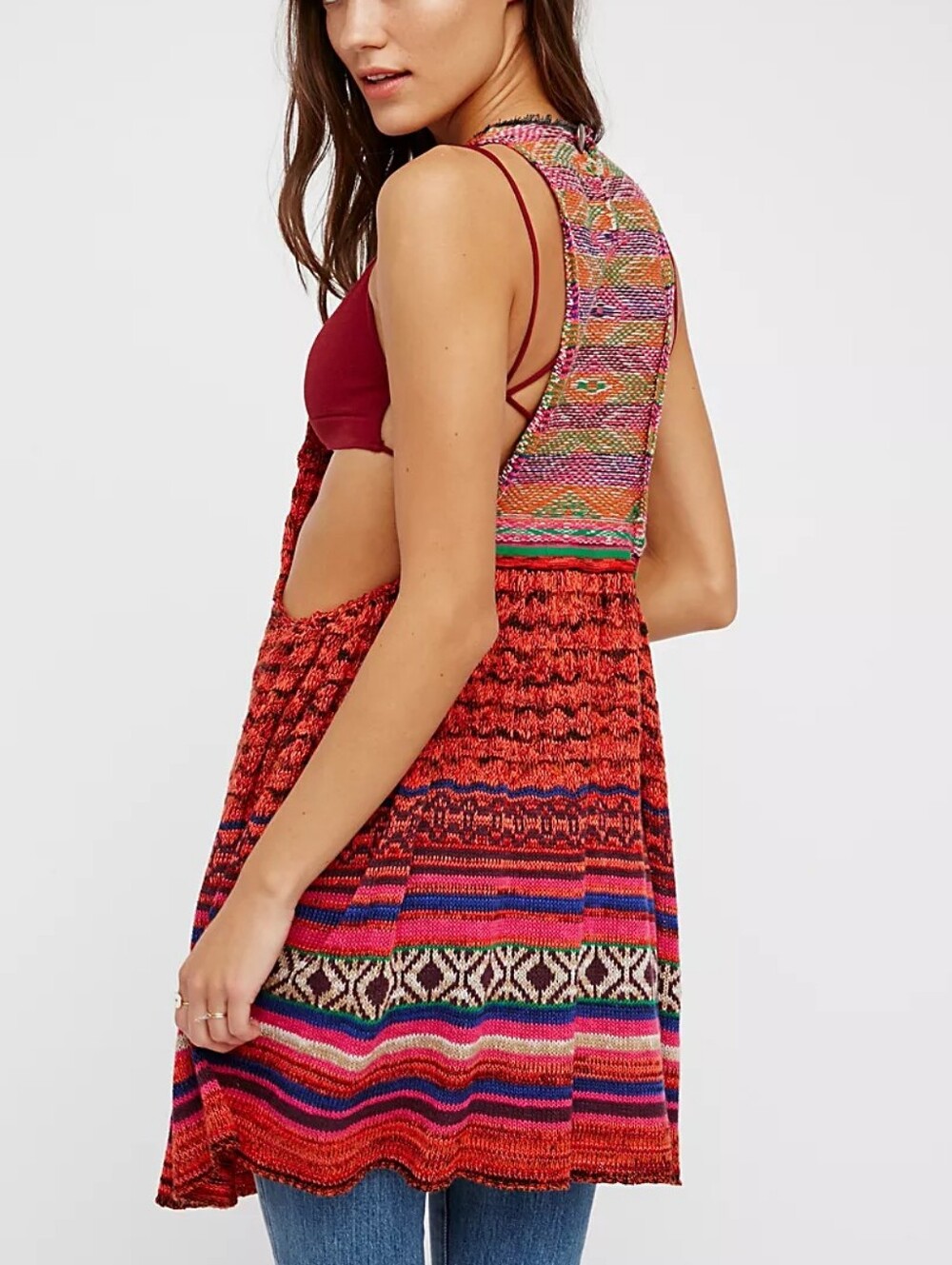 Free People Rare Hearts Tunic Large Orange Multi Knit Crochet Hippie Festival